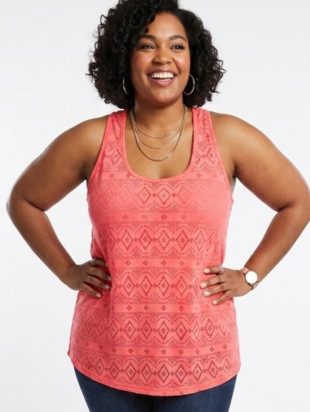 Just Be Plus Size Coral Pink Lace-Pattern Knotted Racerback Tank